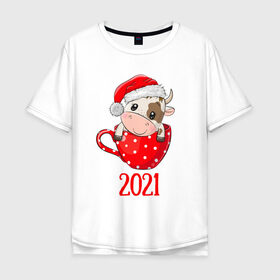 Мужская футболка хлопок Oversize с принтом Милый новогодний бычок 2021 в Новосибирске, 100% хлопок | свободный крой, круглый ворот, “спинка” длиннее передней части | Тематика изображения на принте: 2021 | 7 января | bull | newyear | santa | бык | быки | бычок | год быка | дед мороз | корова | новогодние каникулы | новогодние праздники | новый 2021 | новый год | новый год 2021 | рождество | сани | санта | санта клаус