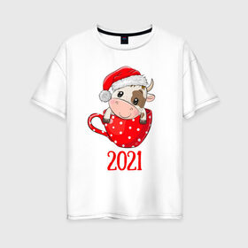 Женская футболка хлопок Oversize с принтом Милый новогодний бычок 2021 в Новосибирске, 100% хлопок | свободный крой, круглый ворот, спущенный рукав, длина до линии бедер
 | 2021 | 7 января | bull | newyear | santa | бык | быки | бычок | год быка | дед мороз | корова | новогодние каникулы | новогодние праздники | новый 2021 | новый год | новый год 2021 | рождество | сани | санта | санта клаус