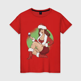 Женская футболка хлопок с принтом Pin Up Girl Christmas в Новосибирске, 100% хлопок | прямой крой, круглый вырез горловины, длина до линии бедер, слегка спущенное плечо | christmas | drawing | girl | new year | pin up | девушка | новый год | пин ап | рисунок | рождество | снегурочка
