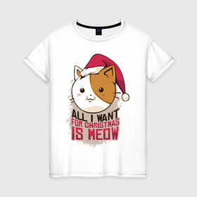 Женская футболка хлопок с принтом Рождественский котик в Новосибирске, 100% хлопок | прямой крой, круглый вырез горловины, длина до линии бедер, слегка спущенное плечо | 