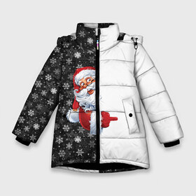 Зимняя куртка для девочек 3D с принтом Дедушка Мороз в Новосибирске, ткань верха — 100% полиэстер; подклад — 100% полиэстер, утеплитель — 100% полиэстер. | длина ниже бедра, удлиненная спинка, воротник стойка и отстегивающийся капюшон. Есть боковые карманы с листочкой на кнопках, утяжки по низу изделия и внутренний карман на молнии. 

Предусмотрены светоотражающий принт на спинке, радужный светоотражающий элемент на пуллере молнии и на резинке для утяжки. | christmas | merry christmas | дед мороз | ёлка | зима | мороз | новый год | подарок | праздник | рождество | с новым годом | санта клаус | снегурочка | снежинки