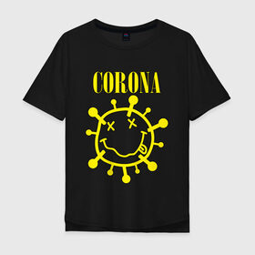 Мужская футболка хлопок Oversize с принтом CORONA SMILE в Новосибирске, 100% хлопок | свободный крой, круглый ворот, “спинка” длиннее передней части | 2020 | china | corona | kobain | music | nirvana | smile | virus | болезнь | карантин | кобэйн | коронавирус | музыка | нирвана | пандемия | смайлик | удаленка | эпидемия