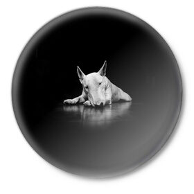 Значок с принтом Puppy в Новосибирске,  металл | круглая форма, металлическая застежка в виде булавки | bull terrier | dog | ears | eyes | muzzle | nose | paws | puppy | бультерьер | глаза | лапы | нос | уши | щенок