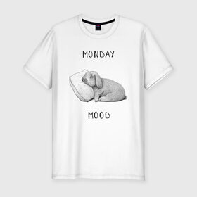 Мужская футболка хлопок Slim с принтом Monday Mood в Новосибирске, 92% хлопок, 8% лайкра | приталенный силуэт, круглый вырез ворота, длина до линии бедра, короткий рукав | Тематика изображения на принте: dream | monday | mood | rabbit | sleep | заяц | кролик | понедельник | работа | сон | спать