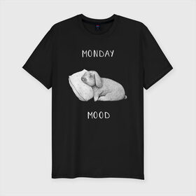 Мужская футболка хлопок Slim с принтом Monday Mood в Новосибирске, 92% хлопок, 8% лайкра | приталенный силуэт, круглый вырез ворота, длина до линии бедра, короткий рукав | dream | monday | mood | rabbit | sleep | заяц | кролик | понедельник | работа | сон | спать
