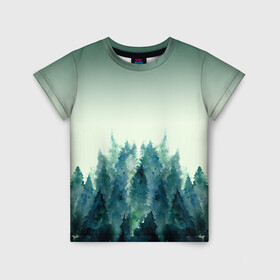 Детская футболка 3D с принтом акварельный лес градиент в Новосибирске, 100% гипоаллергенный полиэфир | прямой крой, круглый вырез горловины, длина до линии бедер, чуть спущенное плечо, ткань немного тянется | Тематика изображения на принте: акварель | горы | деревья | дымка | ели | лес | нрадиент | олень | отражение | природа | рисунок | силуэты