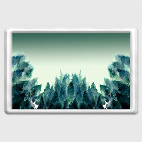 Магнит 45*70 с принтом акварельный лес градиент в Новосибирске, Пластик | Размер: 78*52 мм; Размер печати: 70*45 | акварель | горы | деревья | дымка | ели | лес | нрадиент | олень | отражение | природа | рисунок | силуэты