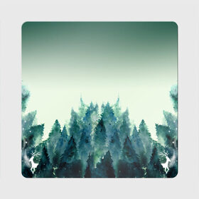 Магнит виниловый Квадрат с принтом акварельный лес градиент в Новосибирске, полимерный материал с магнитным слоем | размер 9*9 см, закругленные углы | акварель | горы | деревья | дымка | ели | лес | нрадиент | олень | отражение | природа | рисунок | силуэты