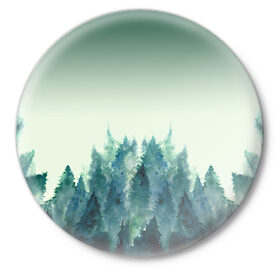Значок с принтом акварельный лес градиент в Новосибирске,  металл | круглая форма, металлическая застежка в виде булавки | акварель | горы | деревья | дымка | ели | лес | нрадиент | олень | отражение | природа | рисунок | силуэты