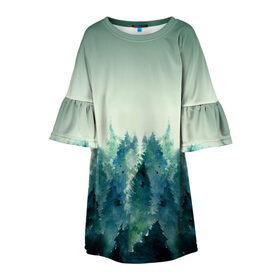 Детское платье 3D с принтом акварельный лес градиент в Новосибирске, 100% полиэстер | прямой силуэт, чуть расширенный к низу. Круглая горловина, на рукавах — воланы | акварель | горы | деревья | дымка | ели | лес | нрадиент | олень | отражение | природа | рисунок | силуэты
