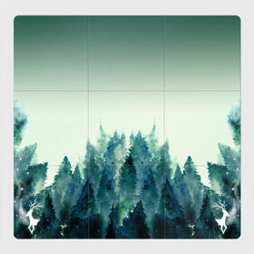 Магнитный плакат 3Х3 с принтом акварельный лес градиент в Новосибирске, Полимерный материал с магнитным слоем | 9 деталей размером 9*9 см | акварель | горы | деревья | дымка | ели | лес | нрадиент | олень | отражение | природа | рисунок | силуэты