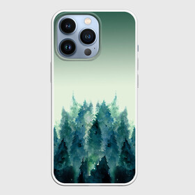 Чехол для iPhone 13 Pro с принтом акварельный лес градиент в Новосибирске,  |  | акварель | горы | деревья | дымка | ели | лес | нрадиент | олень | отражение | природа | рисунок | силуэты