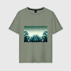 Женская футболка хлопок Oversize с принтом акварельный лес градиент в Новосибирске, 100% хлопок | свободный крой, круглый ворот, спущенный рукав, длина до линии бедер
 | акварель | горы | деревья | дымка | ели | лес | нрадиент | олень | отражение | природа | рисунок | силуэты
