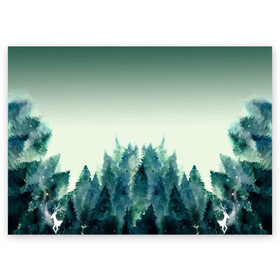 Поздравительная открытка с принтом акварельный лес градиент в Новосибирске, 100% бумага | плотность бумаги 280 г/м2, матовая, на обратной стороне линовка и место для марки
 | акварель | горы | деревья | дымка | ели | лес | нрадиент | олень | отражение | природа | рисунок | силуэты