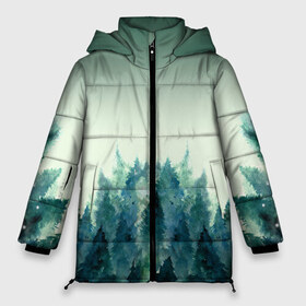 Женская зимняя куртка 3D с принтом акварельный лес градиент в Новосибирске, верх — 100% полиэстер; подкладка — 100% полиэстер; утеплитель — 100% полиэстер | длина ниже бедра, силуэт Оверсайз. Есть воротник-стойка, отстегивающийся капюшон и ветрозащитная планка. 

Боковые карманы с листочкой на кнопках и внутренний карман на молнии | Тематика изображения на принте: акварель | горы | деревья | дымка | ели | лес | нрадиент | олень | отражение | природа | рисунок | силуэты