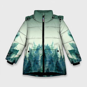 Зимняя куртка для девочек 3D с принтом акварельный лес градиент в Новосибирске, ткань верха — 100% полиэстер; подклад — 100% полиэстер, утеплитель — 100% полиэстер. | длина ниже бедра, удлиненная спинка, воротник стойка и отстегивающийся капюшон. Есть боковые карманы с листочкой на кнопках, утяжки по низу изделия и внутренний карман на молнии. 

Предусмотрены светоотражающий принт на спинке, радужный светоотражающий элемент на пуллере молнии и на резинке для утяжки. | Тематика изображения на принте: акварель | горы | деревья | дымка | ели | лес | нрадиент | олень | отражение | природа | рисунок | силуэты