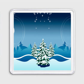 Магнит 55*55 с принтом Зимние ели под снегом арт в Новосибирске, Пластик | Размер: 65*65 мм; Размер печати: 55*55 мм | Тематика изображения на принте: арт | графика | ели | елки | звезды | зима | лес | мороз | праздники | природа | рисунок | снег | снежок
