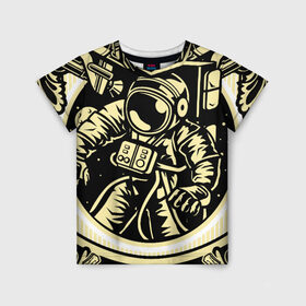Детская футболка 3D с принтом Космонавт освоение космоса в Новосибирске, 100% гипоаллергенный полиэфир | прямой крой, круглый вырез горловины, длина до линии бедер, чуть спущенное плечо, ткань немного тянется | Тематика изображения на принте: astronaut | outerspace | астронавт | буквы | в космосе | гитара | дата | космический корабль | космическое пространство | космонавт | космос | скафандр | слова | узоры | фразы | цифры | шаттл