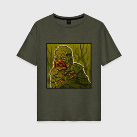 Женская футболка хлопок Oversize с принтом Swamp monster в Новосибирске, 100% хлопок | свободный крой, круглый ворот, спущенный рукав, длина до линии бедер
 | art | monster | monstr | pop art | арт | болотное чудовище | болото | монстр | поп арт | чудище | чудовище | шрек