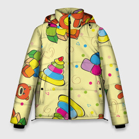 Мужская зимняя куртка 3D с принтом Детские игрушки в Новосибирске, верх — 100% полиэстер; подкладка — 100% полиэстер; утеплитель — 100% полиэстер | длина ниже бедра, свободный силуэт Оверсайз. Есть воротник-стойка, отстегивающийся капюшон и ветрозащитная планка. 

Боковые карманы с листочкой на кнопках и внутренний карман на молнии. | детский | для ребенка | дочь | желтый | игрушки | красочный | милый | мишка | пирамидка | принт | рисованный | сын | узор | яркий