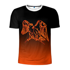 Мужская футболка 3D спортивная с принтом Огненный орел в Новосибирске, 100% полиэстер с улучшенными характеристиками | приталенный силуэт, круглая горловина, широкие плечи, сужается к линии бедра | Тематика изображения на принте: bird | eagle | falcon | fiery | fire | neon | orange | арт | беркут | горящая птица | дикий | животные | крылья | неоновый | огненная птица | орел | орлан | перья | пламя | природа | птица | птица огонь | птичка | сокол