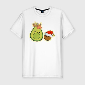 Мужская футболка хлопок Slim с принтом Авокадо встречают год Быка в Новосибирске, 92% хлопок, 8% лайкра | приталенный силуэт, круглый вырез ворота, длина до линии бедра, короткий рукав | 2021 | авокадо | авокадо бык | авокадо дед мороз | авокадо мама и малыш | авокадо новогодний | авокадо новый год | авокадо семья | бык костюм | год быка | год быка авокадо | дед мороз