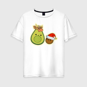 Женская футболка хлопок Oversize с принтом Авокадо встречают год Быка в Новосибирске, 100% хлопок | свободный крой, круглый ворот, спущенный рукав, длина до линии бедер
 | 2021 | авокадо | авокадо бык | авокадо дед мороз | авокадо мама и малыш | авокадо новогодний | авокадо новый год | авокадо семья | бык костюм | год быка | год быка авокадо | дед мороз