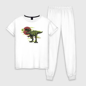 Женская пижама хлопок с принтом Диносамурай в Новосибирске, 100% хлопок | брюки и футболка прямого кроя, без карманов, на брюках мягкая резинка на поясе и по низу штанин | ninja | динозавр | катана | ниндзя | тираннозавр | япония