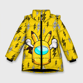 Зимняя куртка для девочек 3D с принтом AMONG US PIKACHU в Новосибирске, ткань верха — 100% полиэстер; подклад — 100% полиэстер, утеплитель — 100% полиэстер. | длина ниже бедра, удлиненная спинка, воротник стойка и отстегивающийся капюшон. Есть боковые карманы с листочкой на кнопках, утяжки по низу изделия и внутренний карман на молнии. 

Предусмотрены светоотражающий принт на спинке, радужный светоотражающий элемент на пуллере молнии и на резинке для утяжки. | Тематика изображения на принте: among us игра | among us на пк | there is 1 impostor | there is impostor among us | предатель среди нас | разноцветные космонавты.