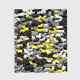 Тетрадь с принтом Желто-Серые Быки в Новосибирске, 100% бумага | 48 листов, плотность листов — 60 г/м2, плотность картонной обложки — 250 г/м2. Листы скреплены сбоку удобной пружинной спиралью. Уголки страниц и обложки скругленные. Цвет линий — светло-серый
 | Тематика изображения на принте: 2021 | illuminating | pantone | ultimate grey | yellow | безупречный серый | бык | корова | новогодний | новый год | освещающий | паттерн | снег | снежинки