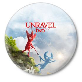 Значок с принтом Unravel Two (Z) в Новосибирске,  металл | круглая форма, металлическая застежка в виде булавки | coldwood interactive | unravel | unravel two | головоломка | красная пряжа | распутать | семейная игра | ярни