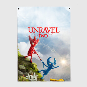 Постер с принтом Unravel Two (Z) в Новосибирске, 100% бумага
 | бумага, плотность 150 мг. Матовая, но за счет высокого коэффициента гладкости имеет небольшой блеск и дает на свету блики, но в отличии от глянцевой бумаги не покрыта лаком | coldwood interactive | unravel | unravel two | головоломка | красная пряжа | распутать | семейная игра | ярни