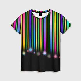 Женская футболка 3D с принтом Градиентный звездопад в Новосибирске, 100% полиэфир ( синтетическое хлопкоподобное полотно) | прямой крой, круглый вырез горловины, длина до линии бедер | градиент | звезда | ленты | полоски | праздник | радость | салют | фейерверк