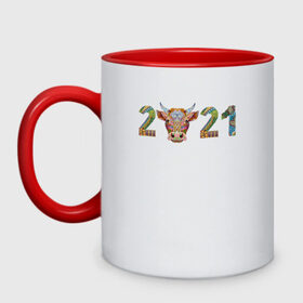 Кружка двухцветная с принтом Год быка 2021 в Новосибирске, керамика | объем — 330 мл, диаметр — 80 мм. Цветная ручка и кайма сверху, в некоторых цветах — вся внутренняя часть | 2021 | 7 января | bull | newyear | santa | бык | быки | бычок | год быка | дед мороз | корова | новогодние каникулы | новогодние праздники | новый 2021 | новый год | новый год 2021 | рождество | сани | санта | санта клаус