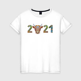 Женская футболка хлопок с принтом Год быка 2021 в Новосибирске, 100% хлопок | прямой крой, круглый вырез горловины, длина до линии бедер, слегка спущенное плечо | 2021 | 7 января | bull | newyear | santa | бык | быки | бычок | год быка | дед мороз | корова | новогодние каникулы | новогодние праздники | новый 2021 | новый год | новый год 2021 | рождество | сани | санта | санта клаус
