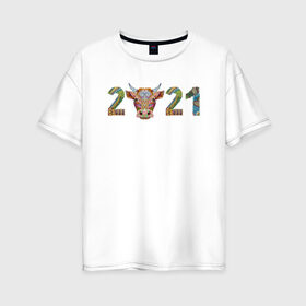 Женская футболка хлопок Oversize с принтом Год быка 2021 в Новосибирске, 100% хлопок | свободный крой, круглый ворот, спущенный рукав, длина до линии бедер
 | 2021 | 7 января | bull | newyear | santa | бык | быки | бычок | год быка | дед мороз | корова | новогодние каникулы | новогодние праздники | новый 2021 | новый год | новый год 2021 | рождество | сани | санта | санта клаус
