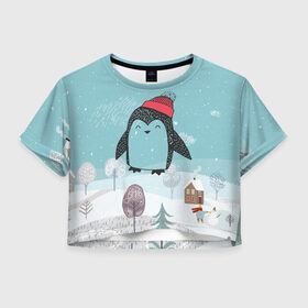 Женская футболка Crop-top 3D с принтом Милый пингвин в Новосибирске, 100% полиэстер | круглая горловина, длина футболки до линии талии, рукава с отворотами | 2021 | 7 января | bull | newyear | santa | бык | быки | бычок | год быка | дед мороз | корова | новогодние каникулы | новогодние праздники | новый 2021 | новый год | новый год 2021 | рождество | сани | санта | санта клаус