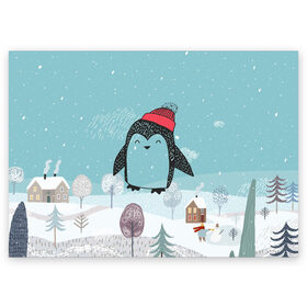 Поздравительная открытка с принтом Милый пингвин в Новосибирске, 100% бумага | плотность бумаги 280 г/м2, матовая, на обратной стороне линовка и место для марки
 | 2021 | 7 января | bull | newyear | santa | бык | быки | бычок | год быка | дед мороз | корова | новогодние каникулы | новогодние праздники | новый 2021 | новый год | новый год 2021 | рождество | сани | санта | санта клаус