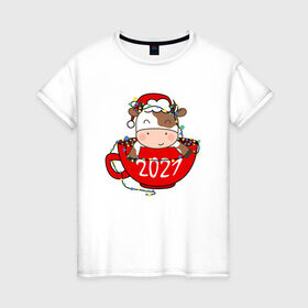 Женская футболка хлопок с принтом Милый бычок 2021 в Новосибирске, 100% хлопок | прямой крой, круглый вырез горловины, длина до линии бедер, слегка спущенное плечо | 2021 | 7 января | bull | newyear | santa | бык | быки | бычок | год быка | дед мороз | корова | новогодние каникулы | новогодние праздники | новый 2021 | новый год | новый год 2021 | рождество | сани | санта | санта клаус
