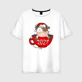 Женская футболка хлопок Oversize с принтом Милый бычок 2021 в Новосибирске, 100% хлопок | свободный крой, круглый ворот, спущенный рукав, длина до линии бедер
 | 2021 | 7 января | bull | newyear | santa | бык | быки | бычок | год быка | дед мороз | корова | новогодние каникулы | новогодние праздники | новый 2021 | новый год | новый год 2021 | рождество | сани | санта | санта клаус