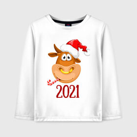 Детский лонгслив хлопок с принтом Веселый бык 2021 в Новосибирске, 100% хлопок | круглый вырез горловины, полуприлегающий силуэт, длина до линии бедер | 2021 | 7 января | bull | newyear | santa | бык | быки | бычок | год быка | дед мороз | корова | новогодние каникулы | новогодние праздники | новый 2021 | новый год | новый год 2021 | рождество | сани | санта | санта клаус