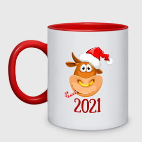 Кружка двухцветная с принтом Веселый бык 2021 в Новосибирске, керамика | объем — 330 мл, диаметр — 80 мм. Цветная ручка и кайма сверху, в некоторых цветах — вся внутренняя часть | 2021 | 7 января | bull | newyear | santa | бык | быки | бычок | год быка | дед мороз | корова | новогодние каникулы | новогодние праздники | новый 2021 | новый год | новый год 2021 | рождество | сани | санта | санта клаус