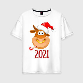 Женская футболка хлопок Oversize с принтом Веселый бык 2021 в Новосибирске, 100% хлопок | свободный крой, круглый ворот, спущенный рукав, длина до линии бедер
 | 2021 | 7 января | bull | newyear | santa | бык | быки | бычок | год быка | дед мороз | корова | новогодние каникулы | новогодние праздники | новый 2021 | новый год | новый год 2021 | рождество | сани | санта | санта клаус