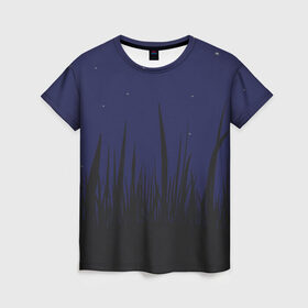 Женская футболка 3D с принтом Поле под темно-синим небом в Новосибирске, 100% полиэфир ( синтетическое хлопкоподобное полотно) | прямой крой, круглый вырез горловины, длина до линии бедер | земля | поле | природа | тишина