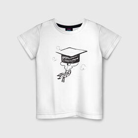 Детская футболка хлопок с принтом Absurd 7 в Новосибирске, 100% хлопок | круглый вырез горловины, полуприлегающий силуэт, длина до линии бедер | выпускник | графика | иллюстрация | кисточка | облака | полет | рисунок | треуголка | ученик | человечек | черно белый