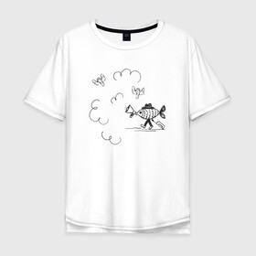 Мужская футболка хлопок Oversize с принтом Absurd 8 в Новосибирске, 100% хлопок | свободный крой, круглый ворот, “спинка” длиннее передней части | Тематика изображения на принте: графика | звук | иллюстрация | облака | рисунок | рупор | рыба | ушки | черно белый | шляпа | юмор