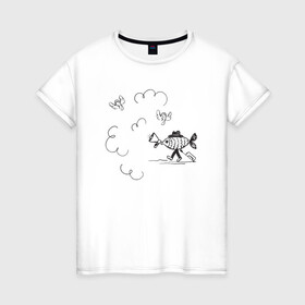 Женская футболка хлопок с принтом Absurd 8 в Новосибирске, 100% хлопок | прямой крой, круглый вырез горловины, длина до линии бедер, слегка спущенное плечо | графика | звук | иллюстрация | облака | рисунок | рупор | рыба | ушки | черно белый | шляпа | юмор