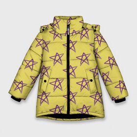 Зимняя куртка для девочек 3D с принтом Stars в Новосибирске, ткань верха — 100% полиэстер; подклад — 100% полиэстер, утеплитель — 100% полиэстер. | длина ниже бедра, удлиненная спинка, воротник стойка и отстегивающийся капюшон. Есть боковые карманы с листочкой на кнопках, утяжки по низу изделия и внутренний карман на молнии. 

Предусмотрены светоотражающий принт на спинке, радужный светоотражающий элемент на пуллере молнии и на резинке для утяжки. | stars | yellow | жёлтый | звёзды | фиолетовый