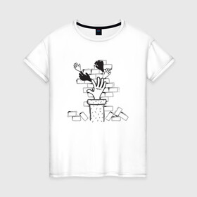 Женская футболка хлопок с принтом Absurd 10 в Новосибирске, 100% хлопок | прямой крой, круглый вырез горловины, длина до линии бедер, слегка спущенное плечо | графика | иллюстрация | кирпичи | кладка | кубики | рисунок | рука | стена | строитель | стройка | черно белый