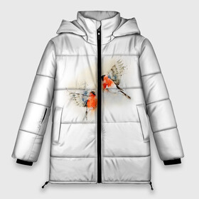 Женская зимняя куртка 3D с принтом Снегири в Новосибирске, верх — 100% полиэстер; подкладка — 100% полиэстер; утеплитель — 100% полиэстер | длина ниже бедра, силуэт Оверсайз. Есть воротник-стойка, отстегивающийся капюшон и ветрозащитная планка. 

Боковые карманы с листочкой на кнопках и внутренний карман на молнии | Тематика изображения на принте: животные | зима | новый год | птицы | снег | снегири